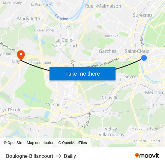 Boulogne-Billancourt to Bailly map