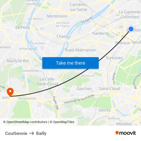 Courbevoie to Bailly map
