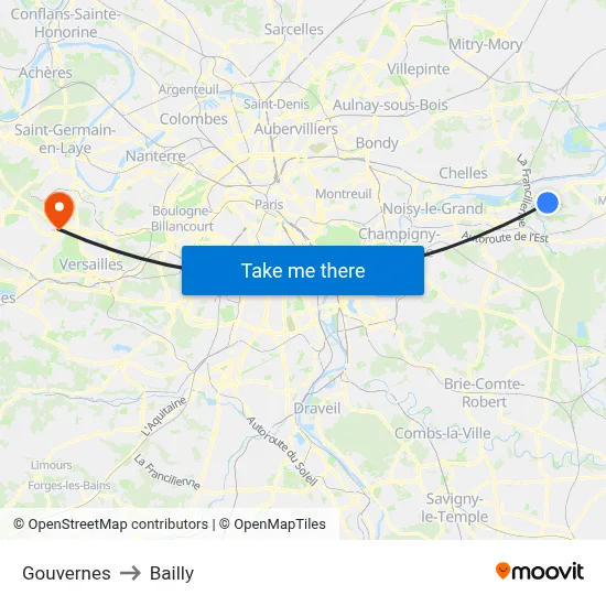 Gouvernes to Bailly map