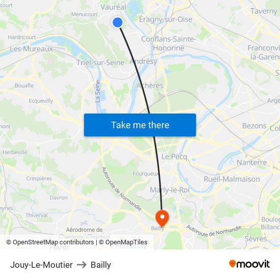 Jouy-Le-Moutier to Bailly map