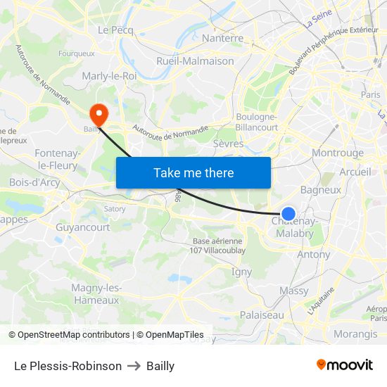 Le Plessis-Robinson to Bailly map