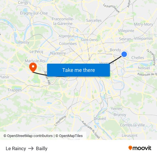 Le Raincy to Bailly map