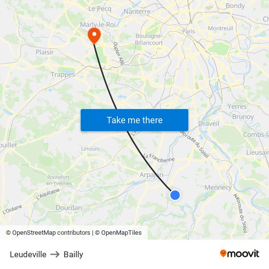 Leudeville to Bailly map