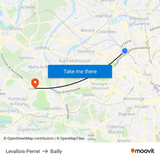 Levallois-Perret to Bailly map