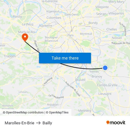 Marolles-En-Brie to Bailly map