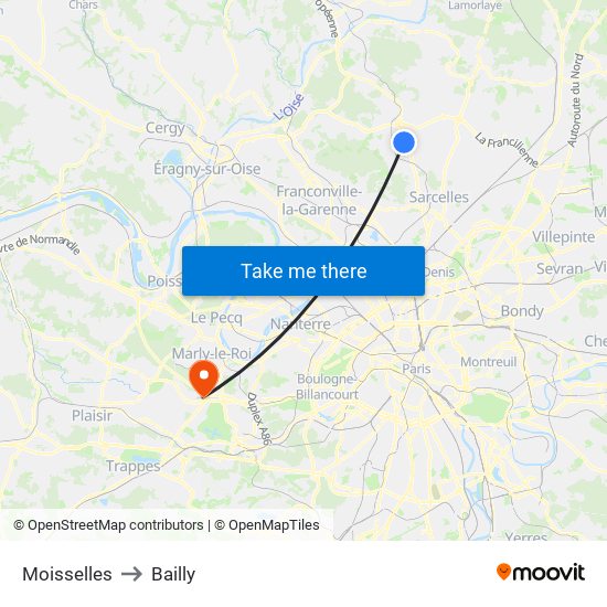 Moisselles to Bailly map