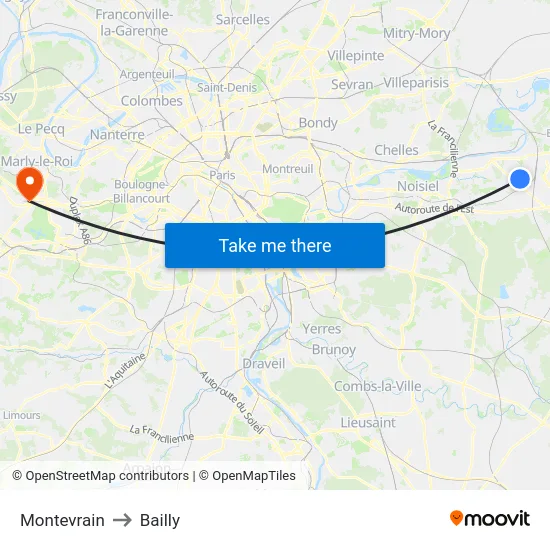 Montevrain to Bailly map