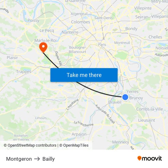 Montgeron to Bailly map