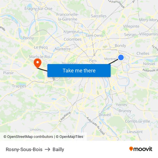 Rosny-Sous-Bois to Bailly map