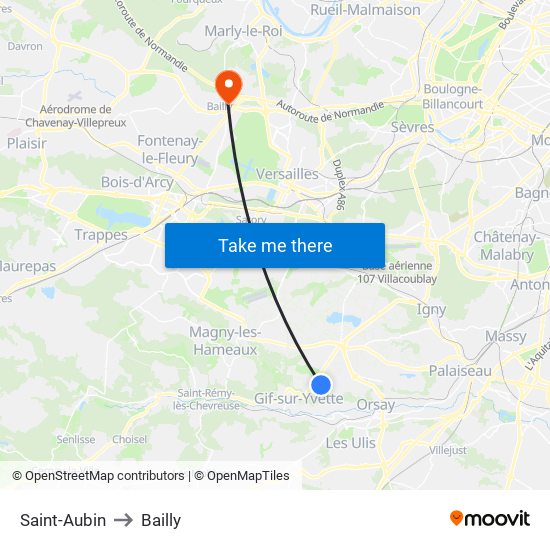 Saint-Aubin to Bailly map