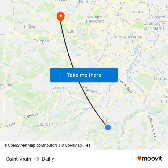 Saint-Vrain to Bailly map