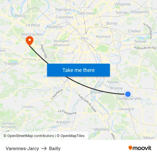 Varennes-Jarcy to Bailly map