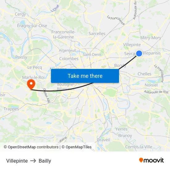 Villepinte to Bailly map