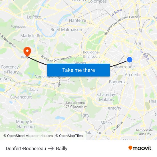Denfert-Rochereau to Bailly map
