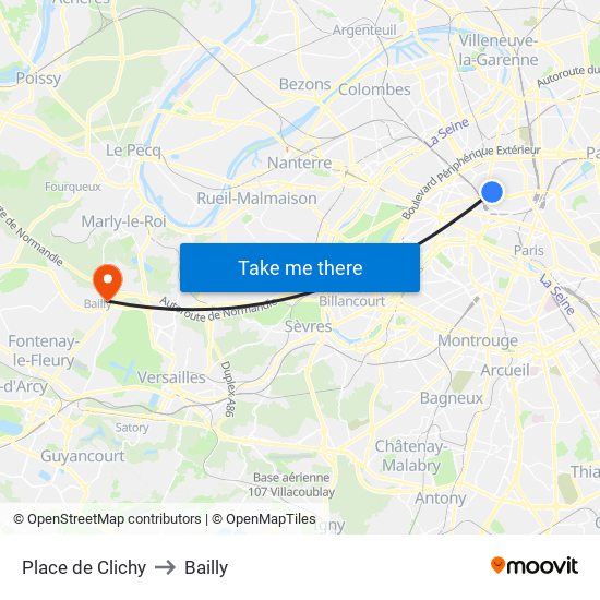 Place de Clichy to Bailly map