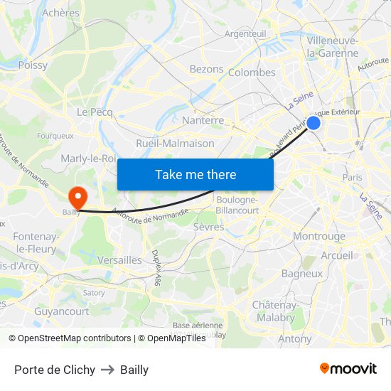 Porte de Clichy to Bailly map