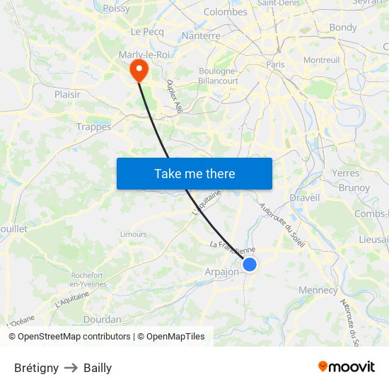 Brétigny to Bailly map