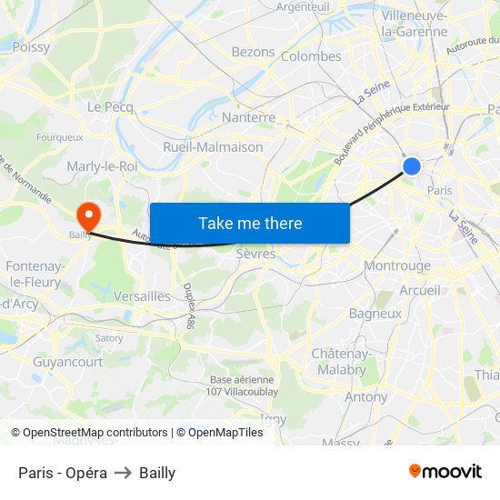 Paris - Opéra to Bailly map
