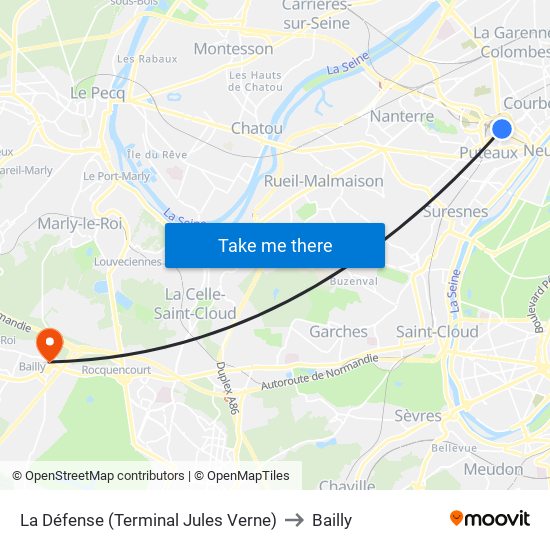 La Défense (Terminal Jules Verne) to Bailly map