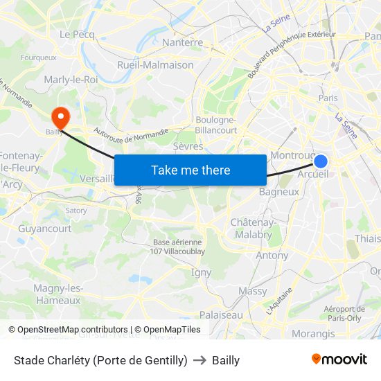 Stade Charléty (Porte de Gentilly) to Bailly map