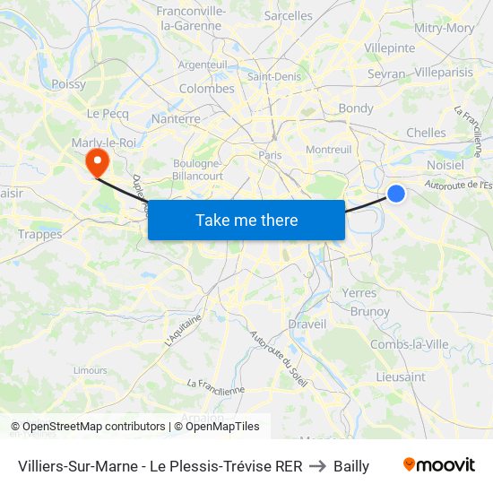Villiers-Sur-Marne - Le Plessis-Trévise RER to Bailly map