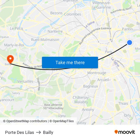 Porte Des Lilas to Bailly map