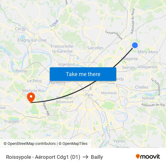 Roissypole - Aéroport Cdg1 (D1) to Bailly map