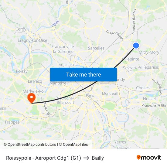 Roissypole - Aéroport Cdg1 (G1) to Bailly map