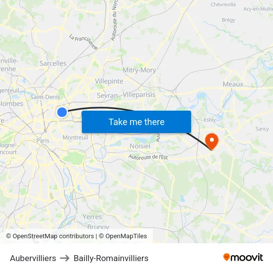 Aubervilliers to Bailly-Romainvilliers map