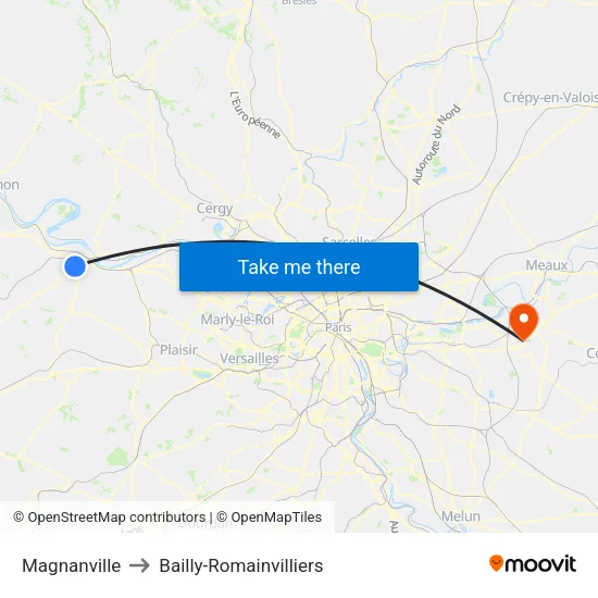 Magnanville to Bailly-Romainvilliers map
