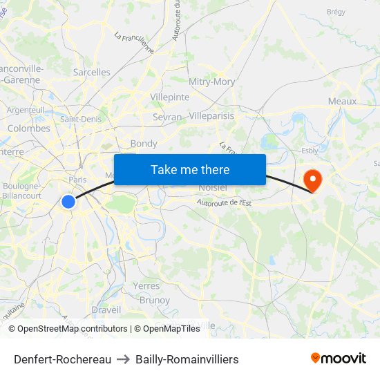 Denfert-Rochereau to Bailly-Romainvilliers map