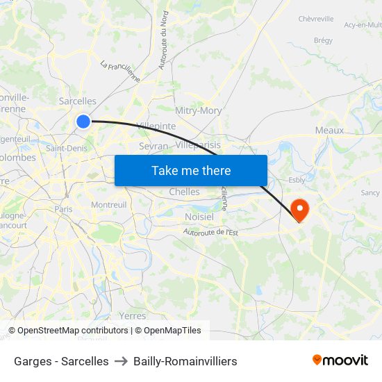 Garges - Sarcelles to Bailly-Romainvilliers map