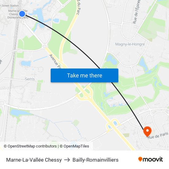 Marne-La-Vallée Chessy to Bailly-Romainvilliers map