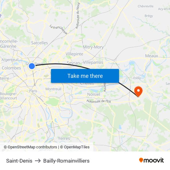 Saint-Denis to Bailly-Romainvilliers map