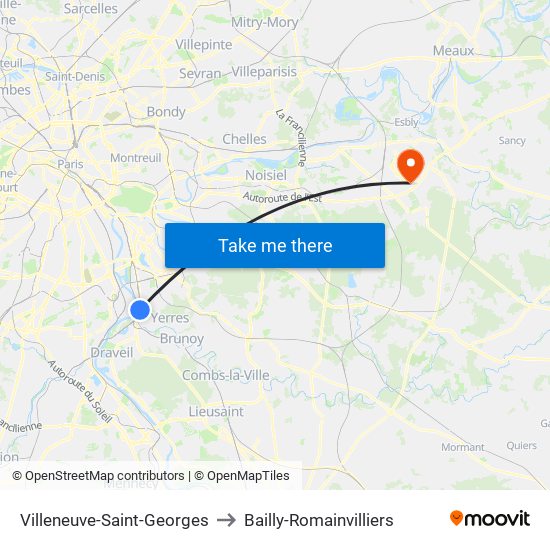Villeneuve-Saint-Georges to Bailly-Romainvilliers map