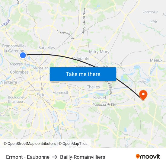 Ermont - Eaubonne to Bailly-Romainvilliers map