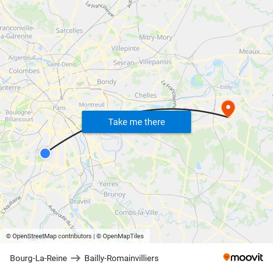 Bourg-La-Reine to Bailly-Romainvilliers map