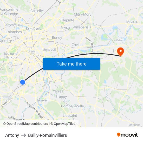 Antony to Bailly-Romainvilliers map