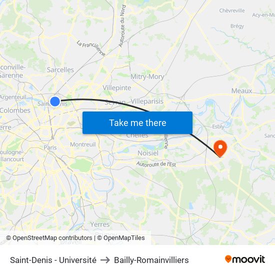 Saint-Denis - Université to Bailly-Romainvilliers map