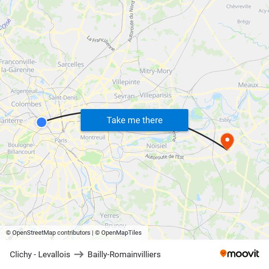 Clichy - Levallois to Bailly-Romainvilliers map