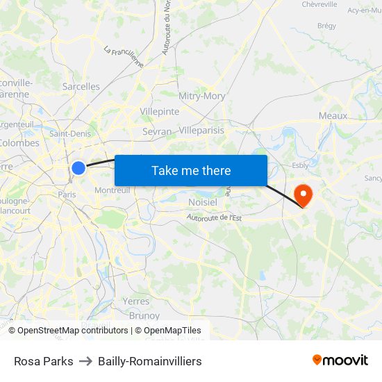 Rosa Parks to Bailly-Romainvilliers map