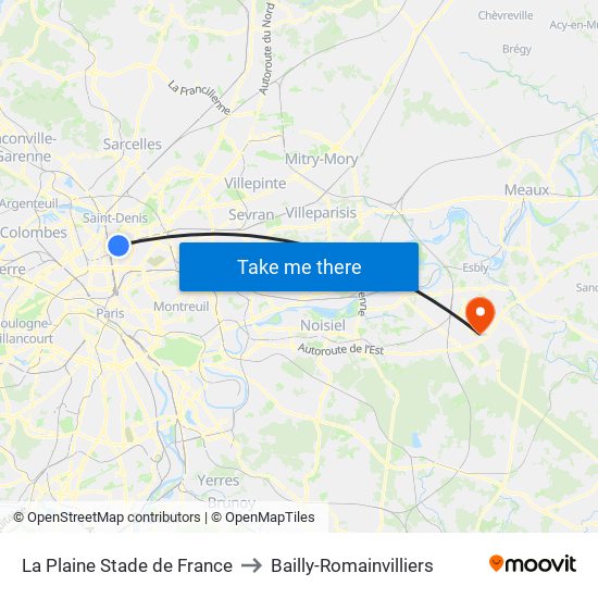 La Plaine Stade de France to Bailly-Romainvilliers map