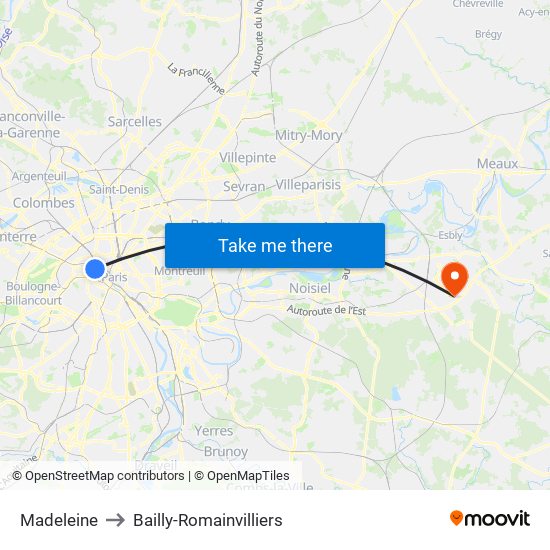 Madeleine to Bailly-Romainvilliers map