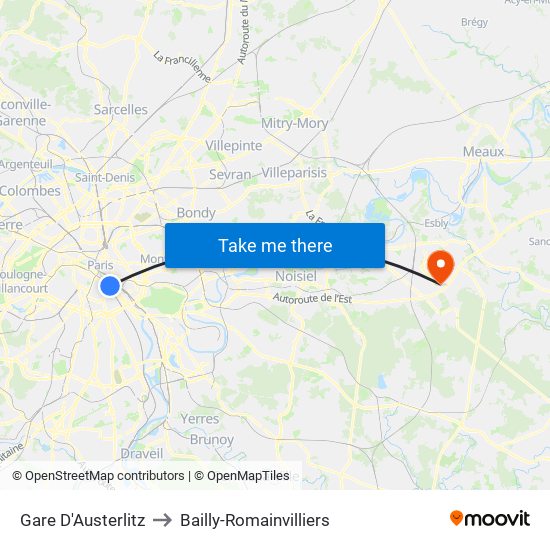 Gare D'Austerlitz to Bailly-Romainvilliers map