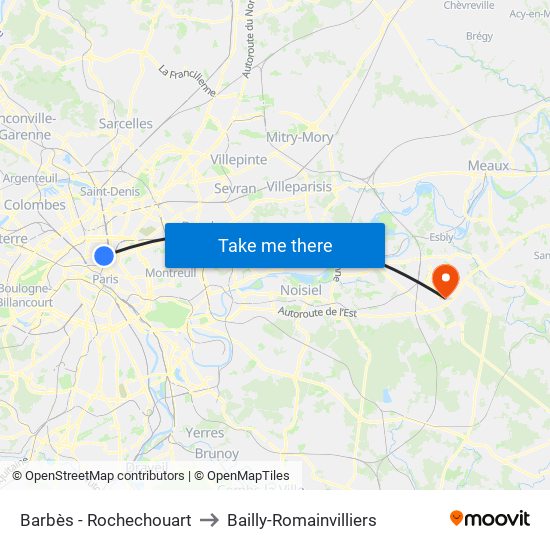 Barbès - Rochechouart to Bailly-Romainvilliers map