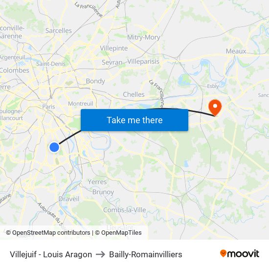 Villejuif - Louis Aragon to Bailly-Romainvilliers map