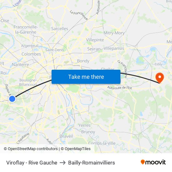 Viroflay - Rive Gauche to Bailly-Romainvilliers map