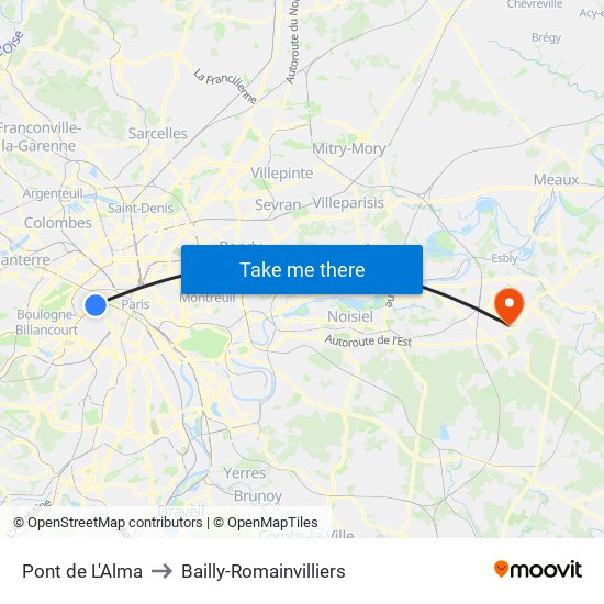 Pont de L'Alma to Bailly-Romainvilliers map
