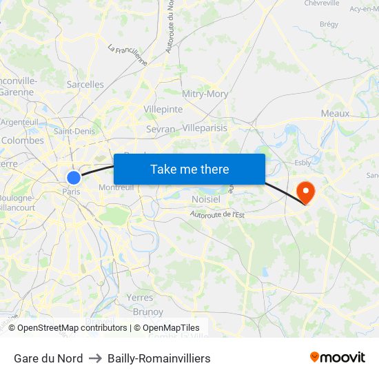 Gare du Nord to Bailly-Romainvilliers map