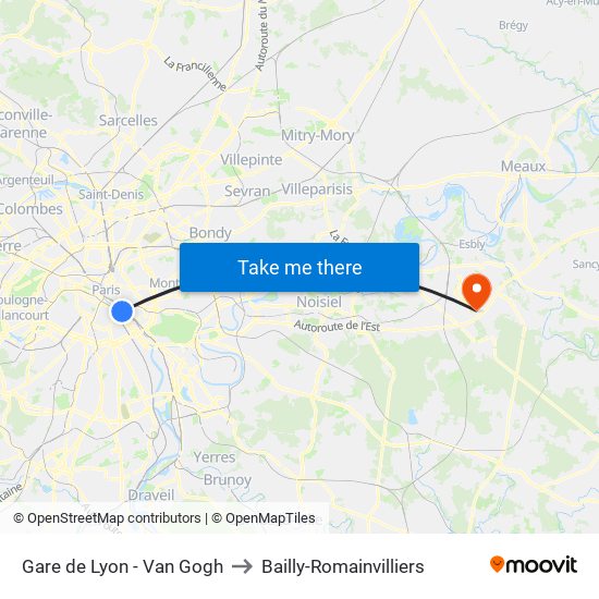 Gare de Lyon - Van Gogh to Bailly-Romainvilliers map